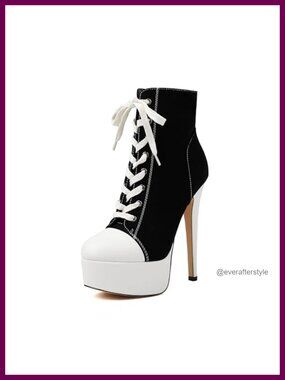 Platform Stiletto Heel Lace Up Canvas Ankle Boots